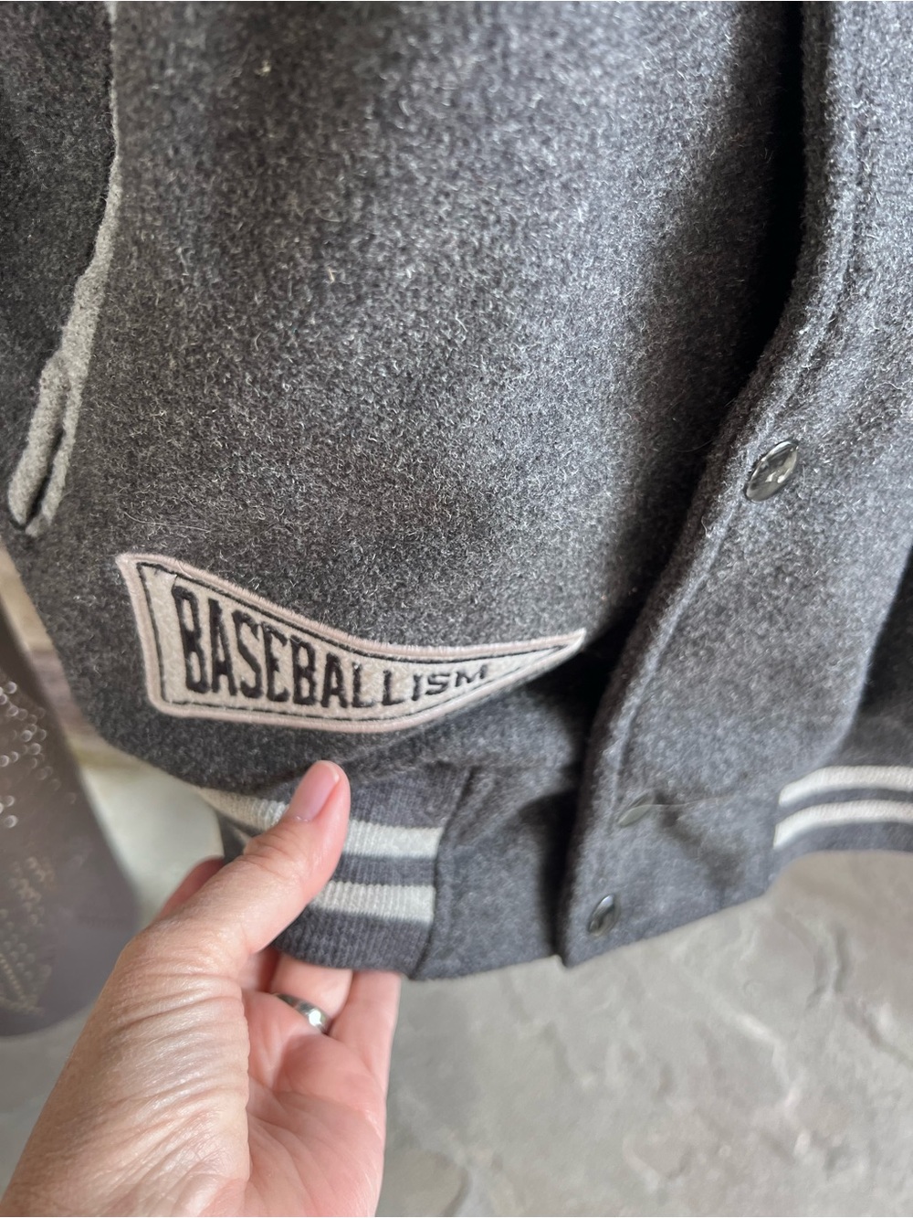 Gray Baseballism Hooded Varsity Jacket with Red Lining Medium - Picture 3 of 9